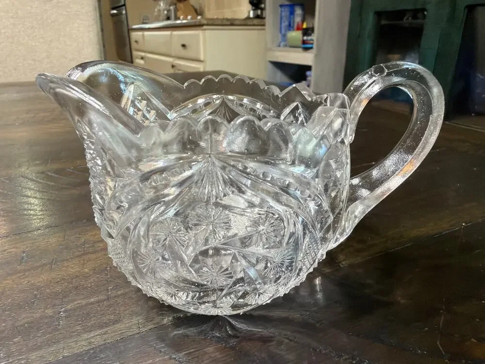 Antique ABP Cut Crystal Glass Creamer Hobstar Diamond Fan Scalloped Rim